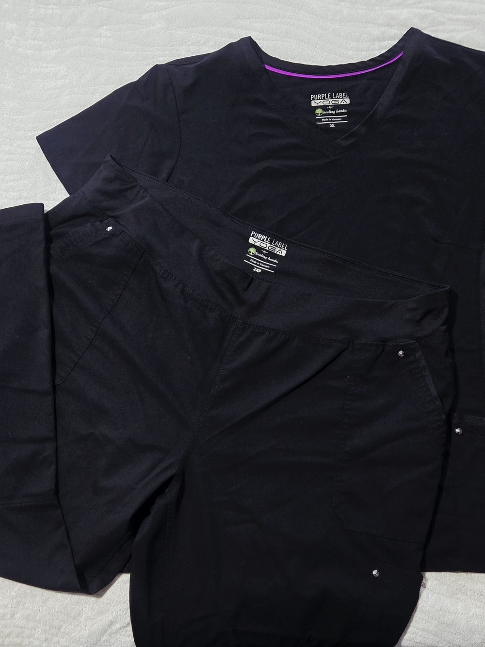 Healing Hands Black V-Neck Scrub Top Purple Label